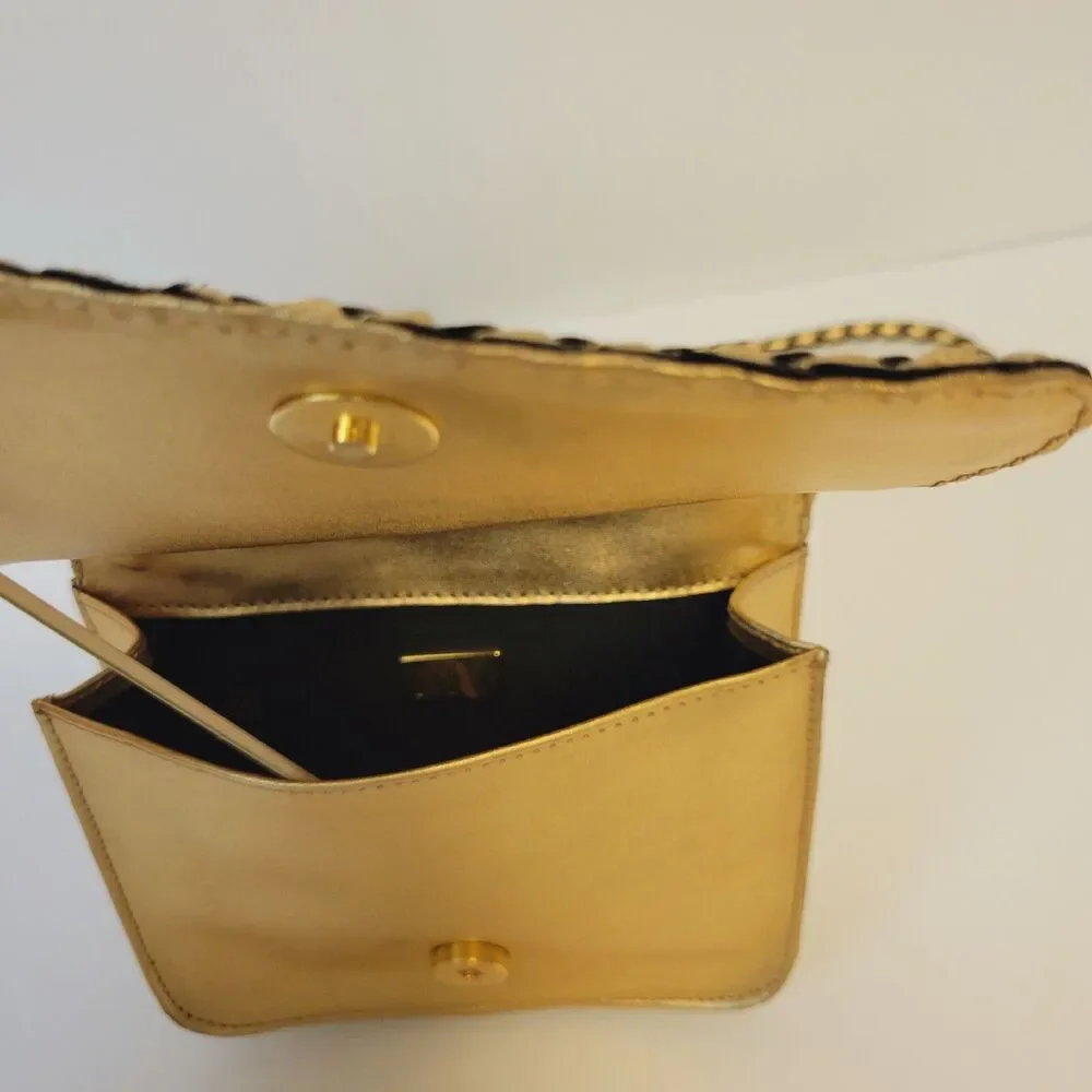 CEM Woven Leather Metallic Crossbody Bag Gold Bronze Small Braided Strap Vintage